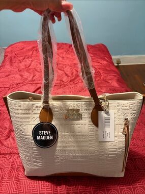 Steve Madden Cream Tote with Brown Trim and Gold Hardware